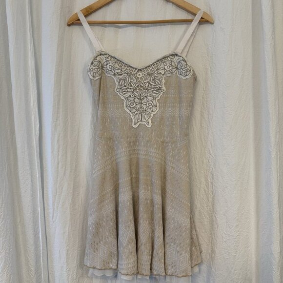 Free People Dresses & Skirts - Free People Size Medium Beaded Embroidered Lace Mini Dress Dainty Lace Beige